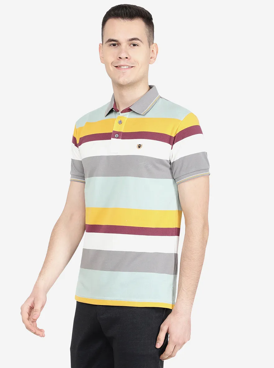 Mist Green Striped Slim Fit Polo T-Shirt | Jadeblue