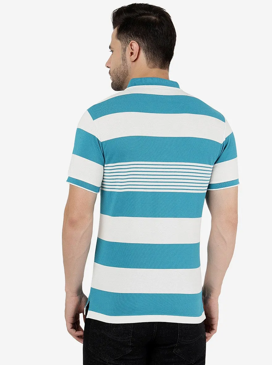 Ocean Blue & White Striped Slim Fit Polo T-Shirt | Greenfibre