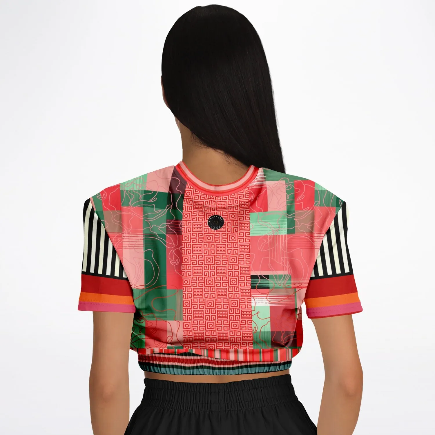 Pink Watermelon Patchwork Plaid Eco-Poly Short Sleeve Cropped Sweater