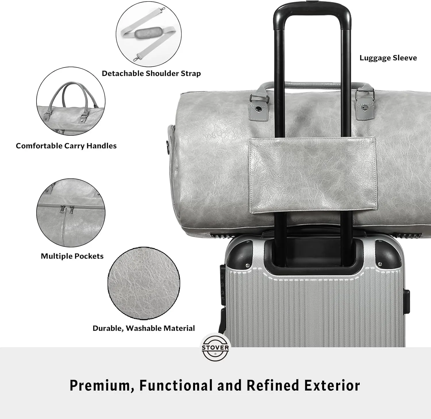 STOVER Garment Travel Duffle Bag, Large 2-in-1 Convertible Carry-on Luggage for Men & Women- Hanging Suits, Dresses & Clothes   Shoe Compartment- Weekender Tote Combo Duffel (Grey Leatherette)