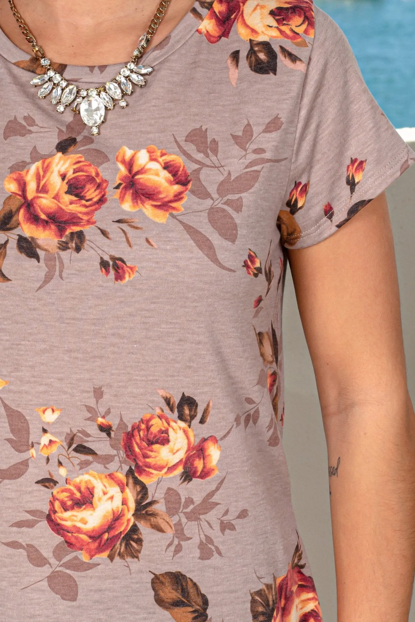 Taupe Floral Short Sleeve Top