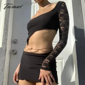 TAVIMART -  Y2K One Shoulder Floral Lace Long Sleeve Crop Tops T Shirt   Wrap Bodycon Mini Skirt Vintage Fairy Cute 2 Piece Set Streetwear