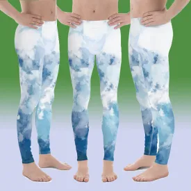 Tie Dye Blue Meggings, Clouds Abstract Print Men's Workout Gym Tights-Made in USA/EU