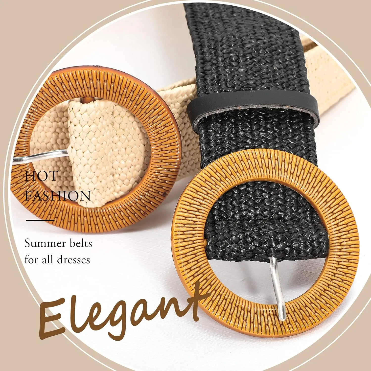 VONMELLI 4 Pack Straw Woven Elastic Stretch Waist Belt Fashion Boho Dress Braided Belts for Women