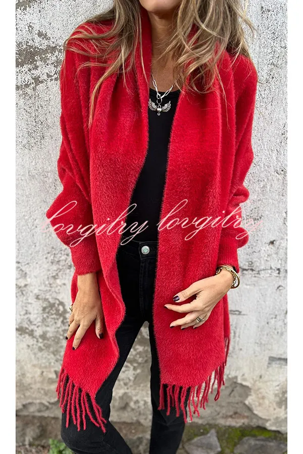 Warm Corner Knit Plush Tassel Trim Relaxed Shawl Cardigan