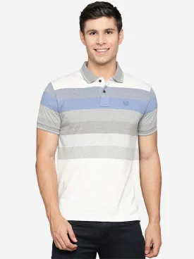 White & Grey Striped Slim Fit Polo T-Shirt | Greenfibre