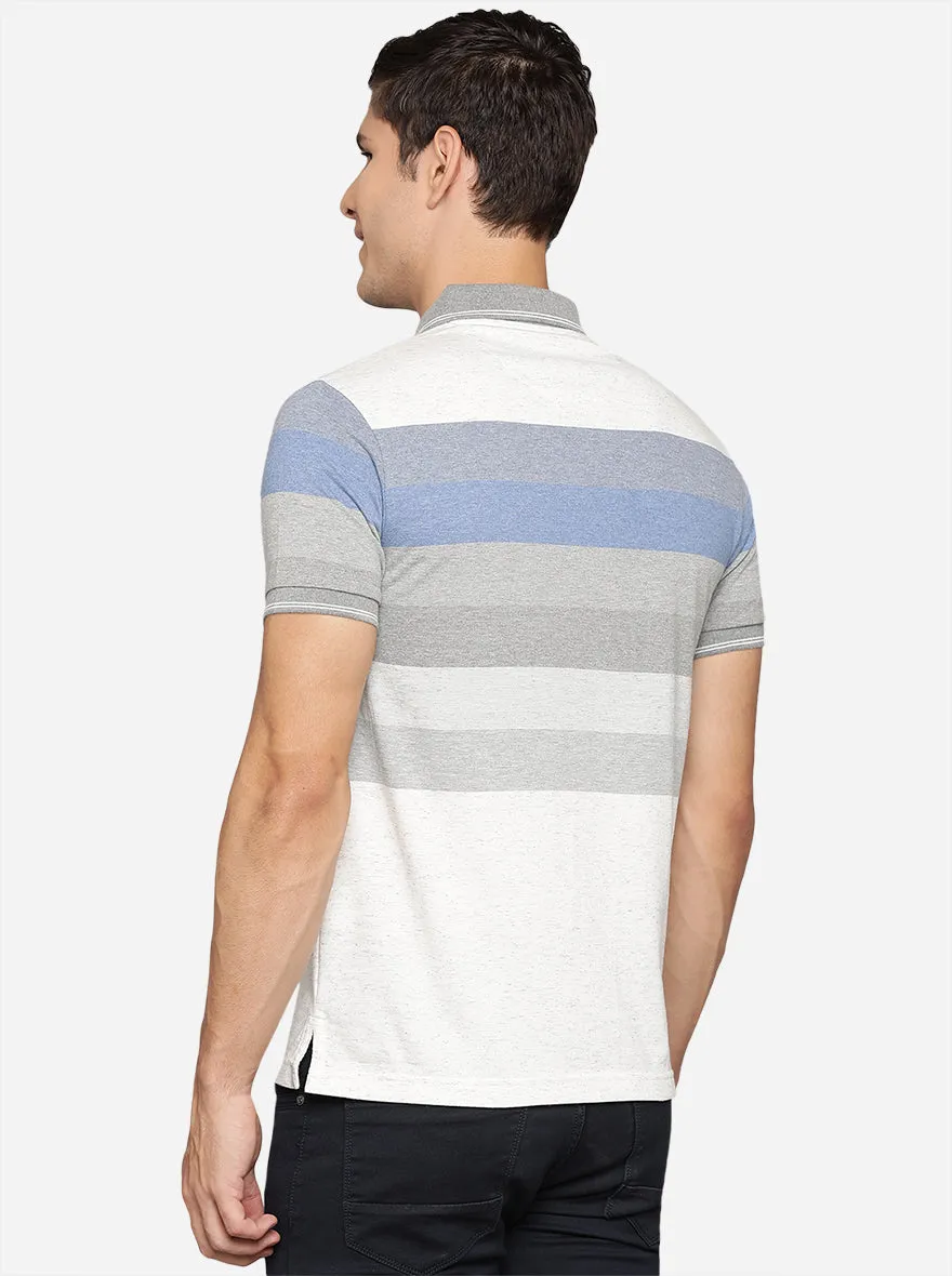 White & Grey Striped Slim Fit Polo T-Shirt | Greenfibre