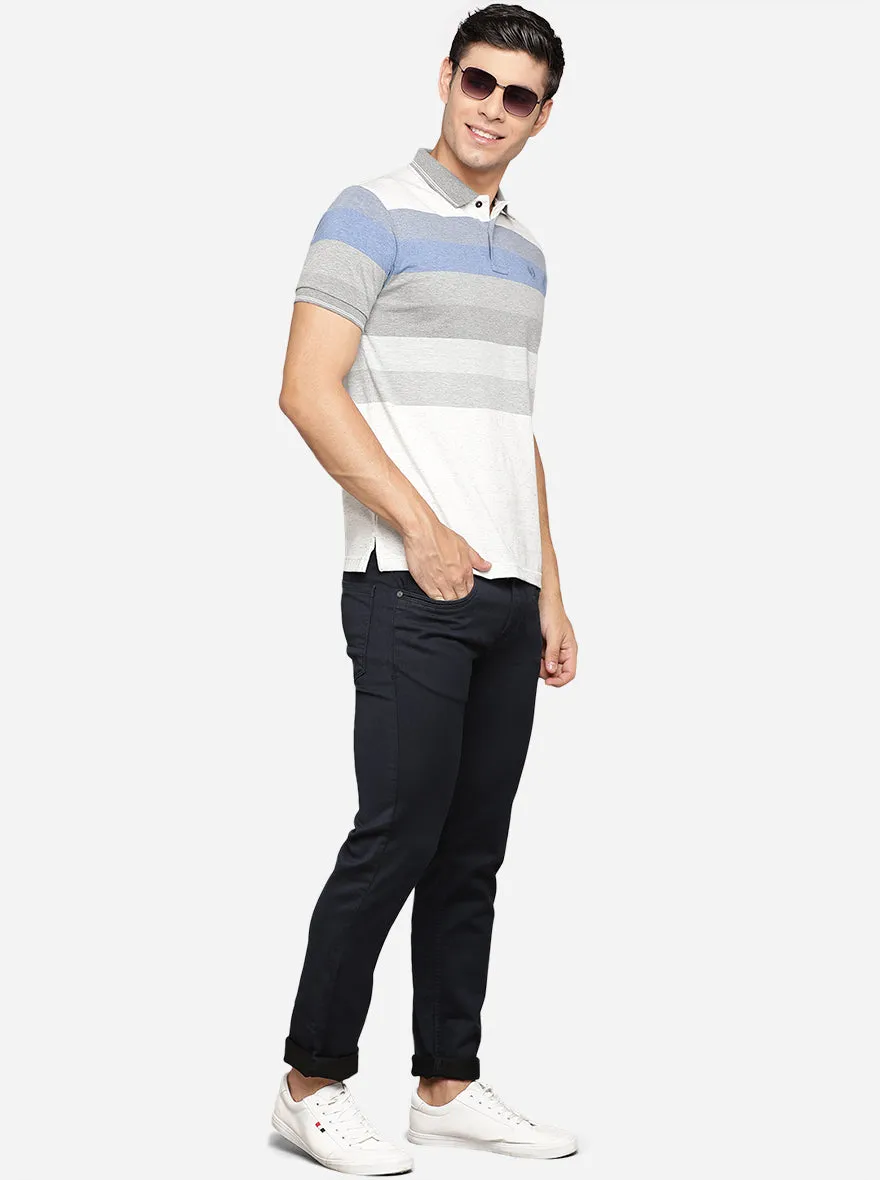 White & Grey Striped Slim Fit Polo T-Shirt | Greenfibre