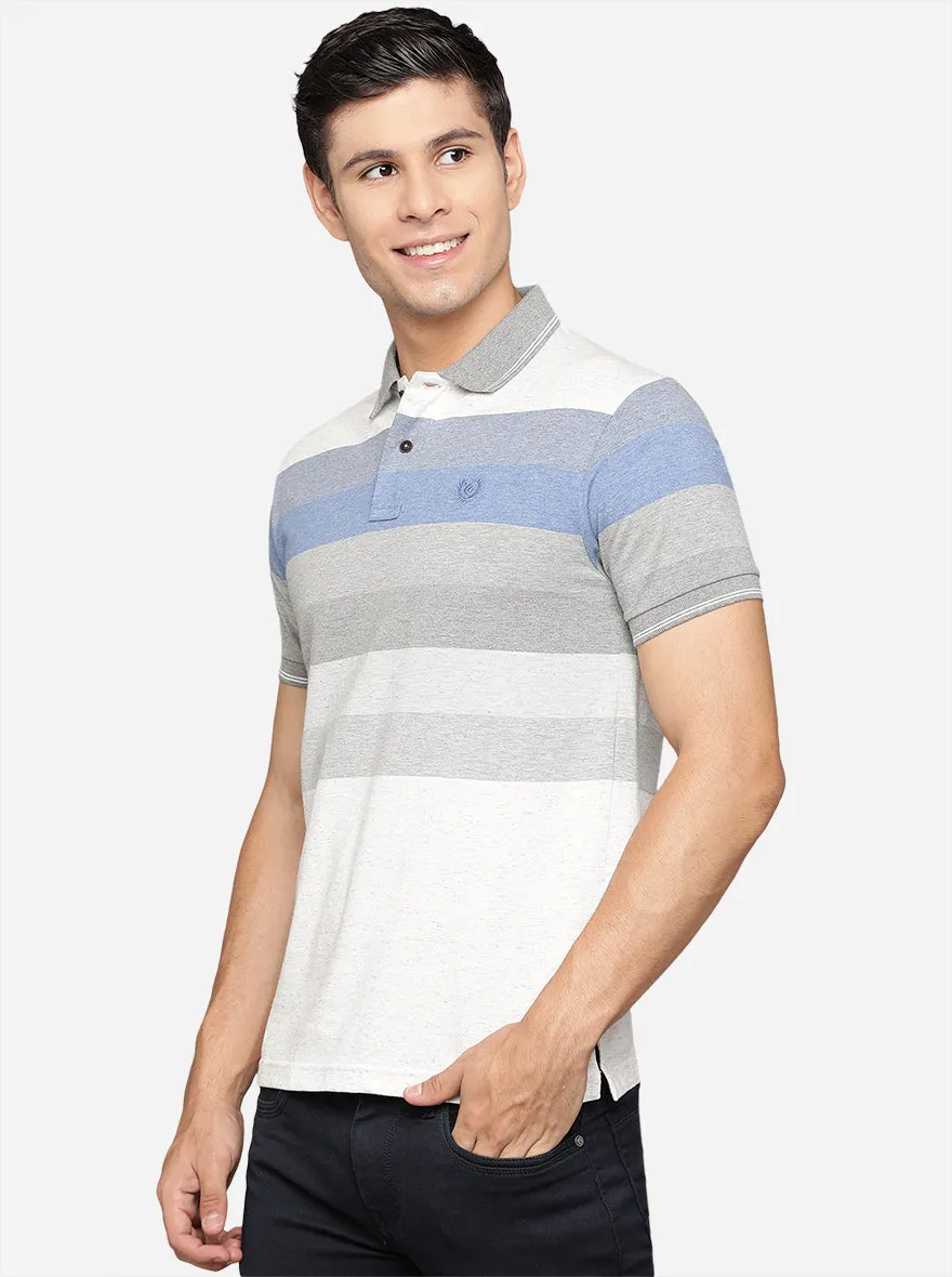 White & Grey Striped Slim Fit Polo T-Shirt | Greenfibre