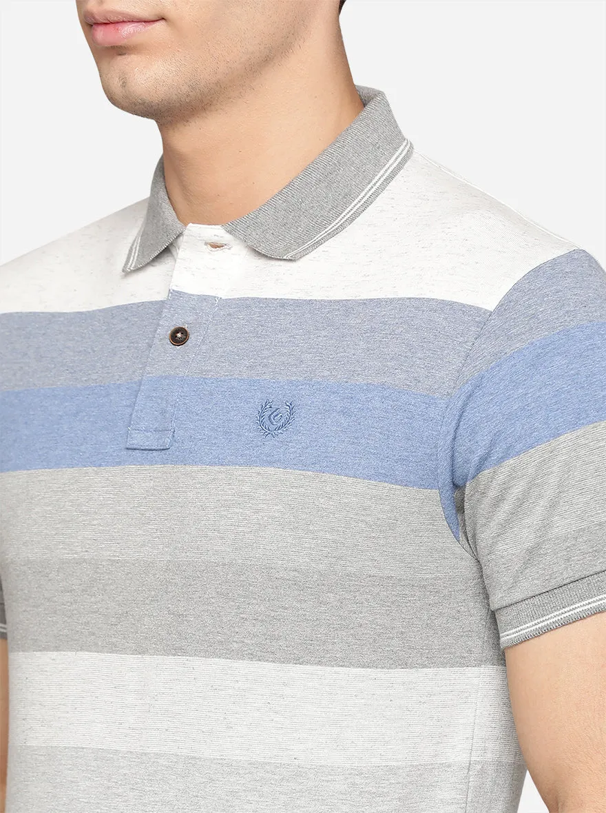 White & Grey Striped Slim Fit Polo T-Shirt | Greenfibre