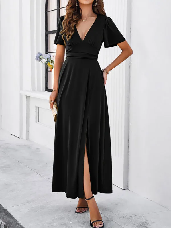 Women Elegant A-Line Slit Maxi Dress for Wedding Guests