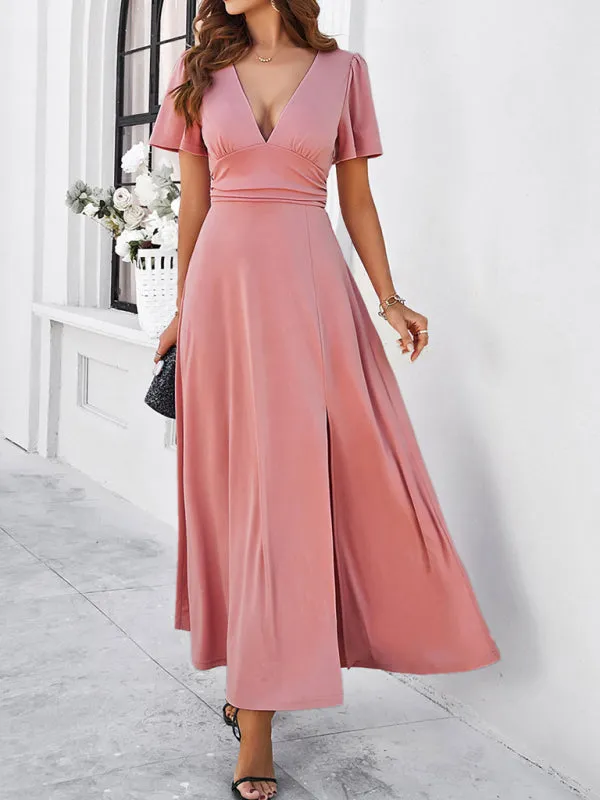 Women Elegant A-Line Slit Maxi Dress for Wedding Guests