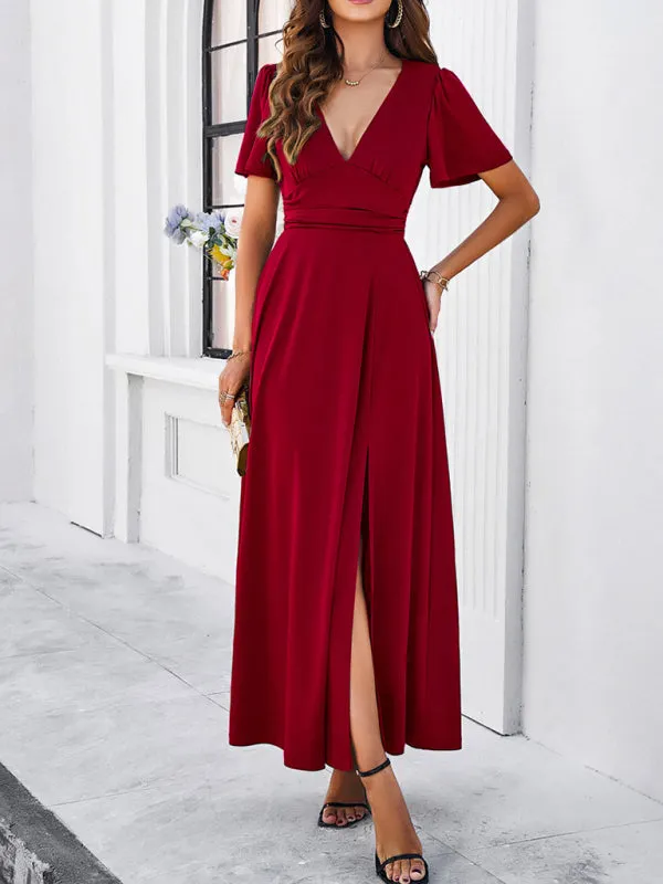 Women Elegant A-Line Slit Maxi Dress for Wedding Guests