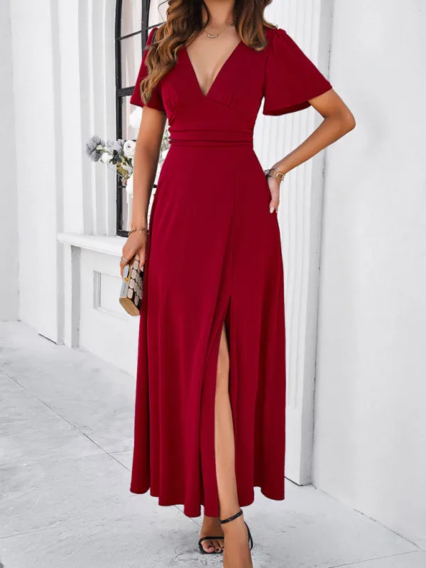 Women Elegant A-Line Slit Maxi Dress for Wedding Guests