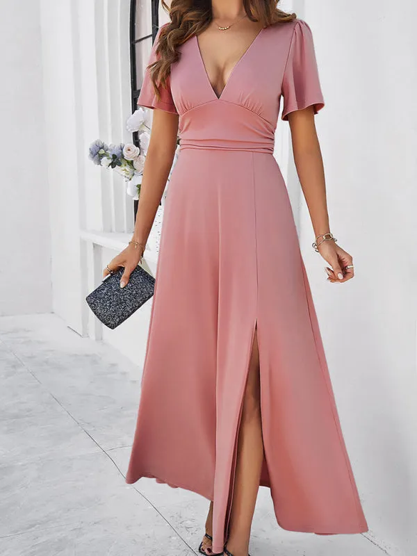 Women Elegant A-Line Slit Maxi Dress for Wedding Guests