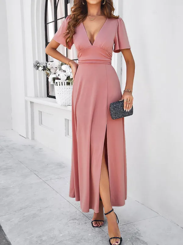 Women Elegant A-Line Slit Maxi Dress for Wedding Guests
