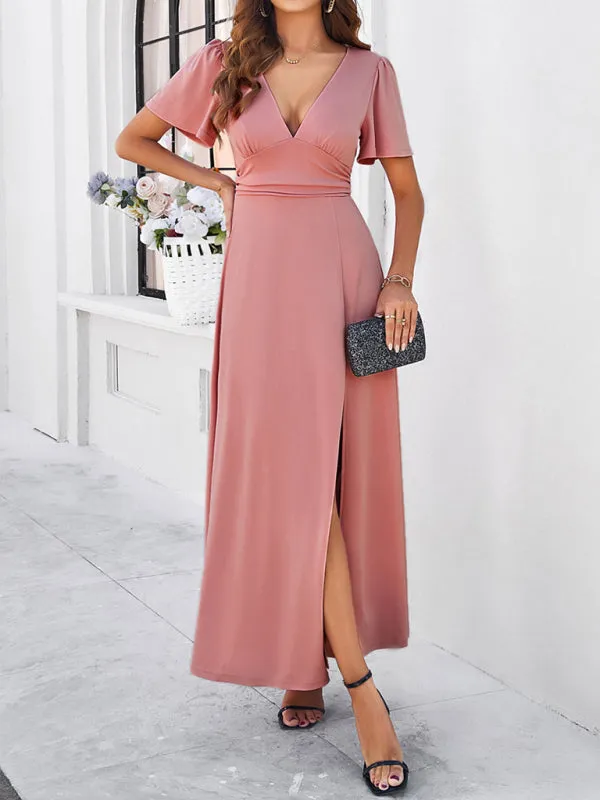 Women Elegant A-Line Slit Maxi Dress for Wedding Guests