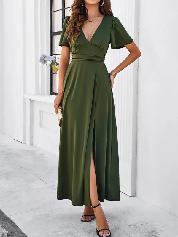 Women Elegant A-Line Slit Maxi Dress for Wedding Guests