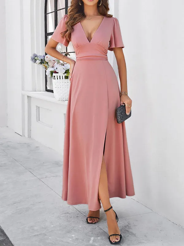 Women Elegant A-Line Slit Maxi Dress for Wedding Guests