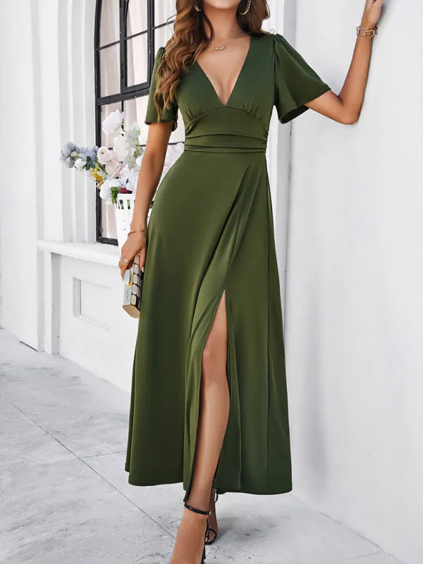 Women Elegant A-Line Slit Maxi Dress for Wedding Guests
