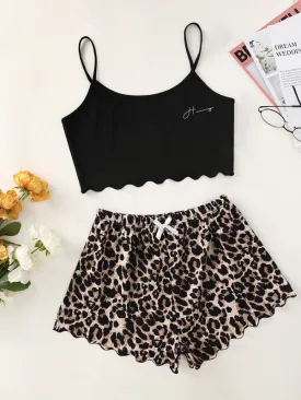 Women's Letter HONEY Printed Camisole   Leopard Print Shorts Homewear Set