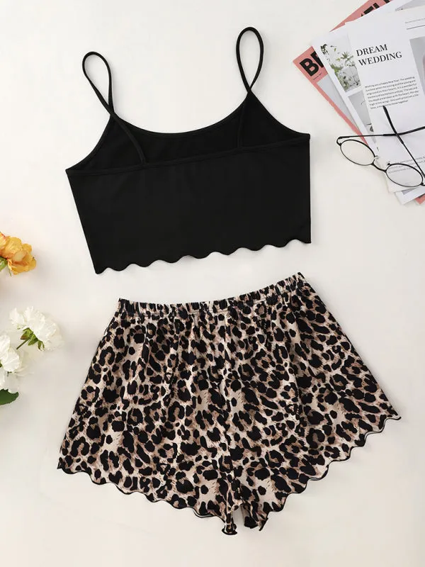 Women's Letter HONEY Printed Camisole   Leopard Print Shorts Homewear Set