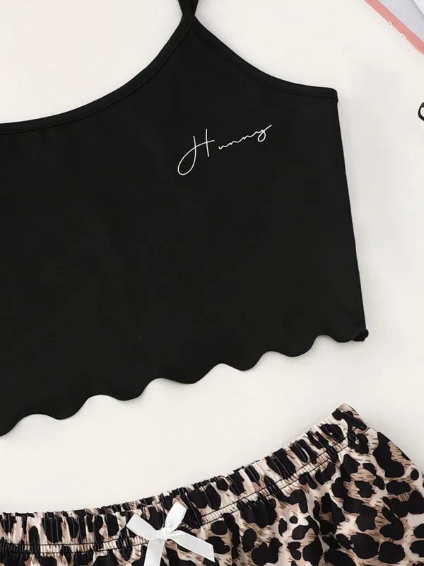 Women's Letter HONEY Printed Camisole   Leopard Print Shorts Homewear Set